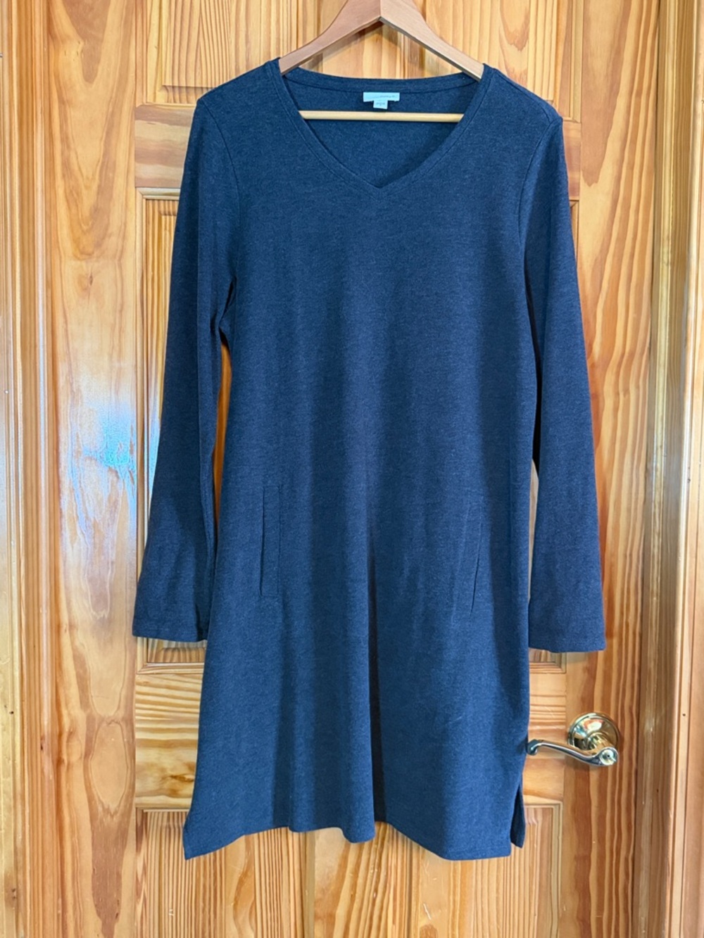 Pure Jill V-Neck Long-Sleeve Knit Dress in Charcoal 100% Cotton